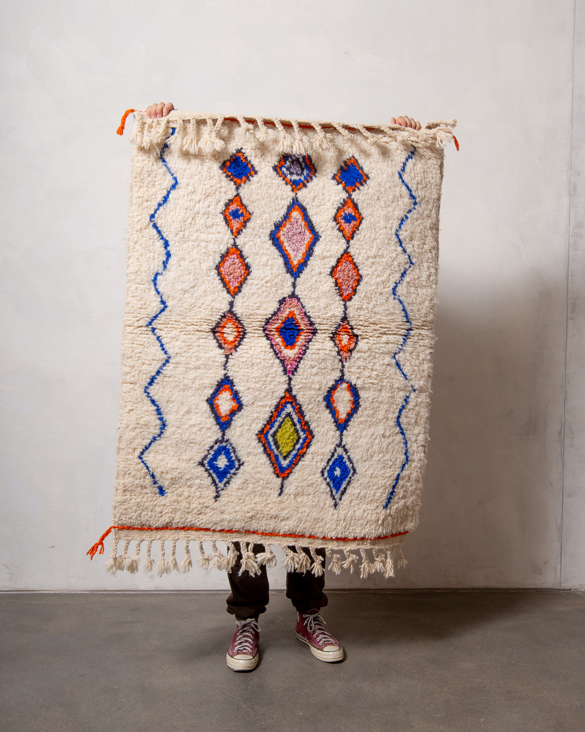 Modern, designer, handcrafted Berber rug from Morocco. Beniourain carpet with beautiful colours and patterns and fluffy wool texture.